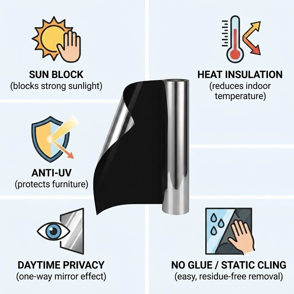 Static Cling One Way Mirror Window Film Black Silver Reversible Sun Block Privacy Glass Sticker No Glue Window Tint for Home Off