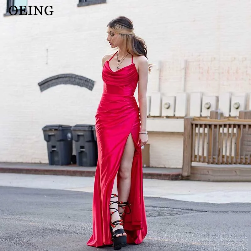 

OEING Red Luxury Prom Dress Elegant Spaghetti Strap Side Split Mermaid Evening Dresses Formal Occasion Gown Vestidos Navidad