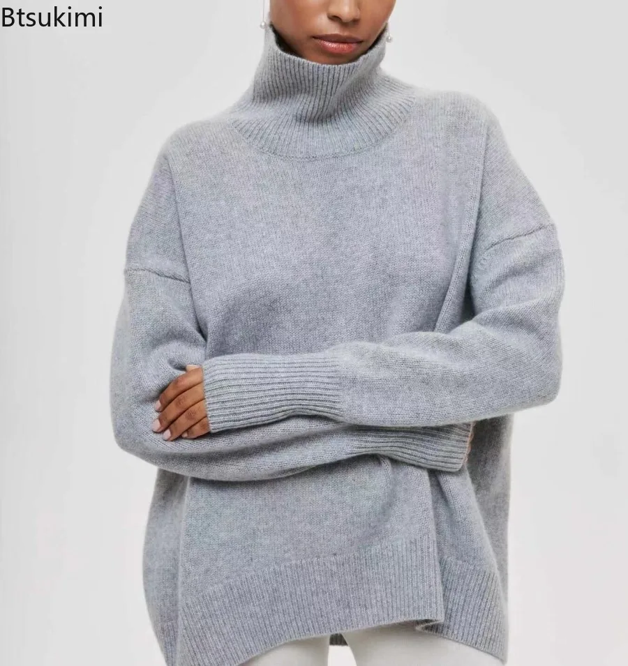 

Autumn and Winter Women's New Loose Knit Turtleneck Sweaters Solid Color Casual Spliced Drop-shoulder Sleeve Pullover Sweater