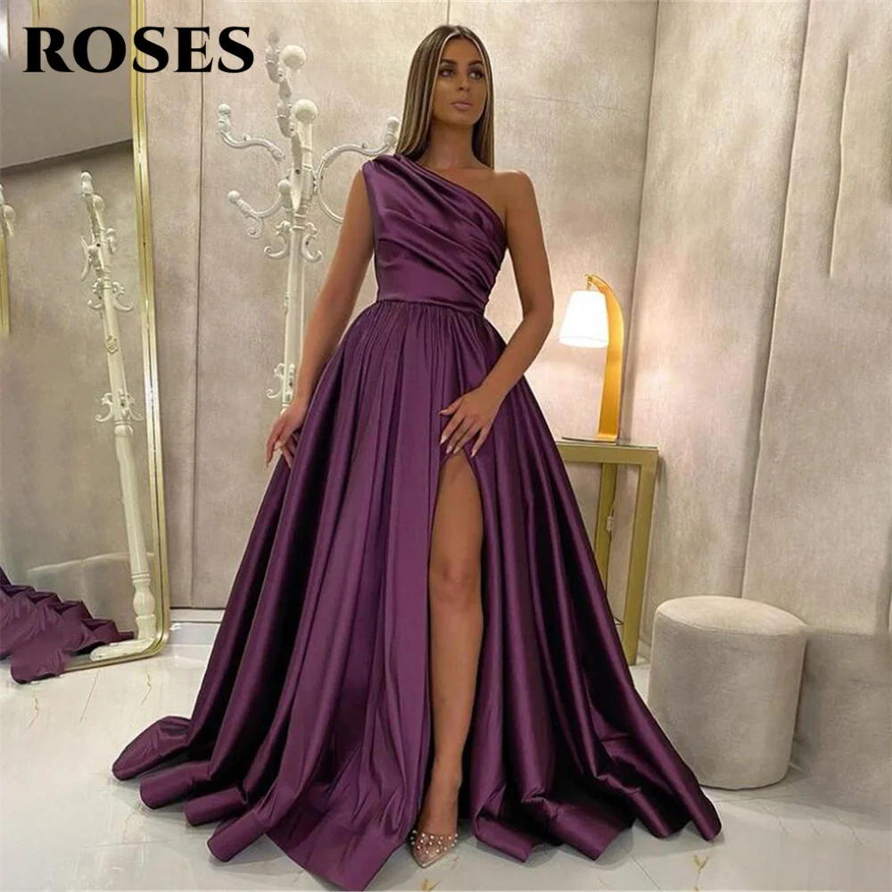 Vestido de noche de un hombro, rojo, azul real, para baile de graduación, línea A, plisado, Formal, elegante, para boda, fiesta