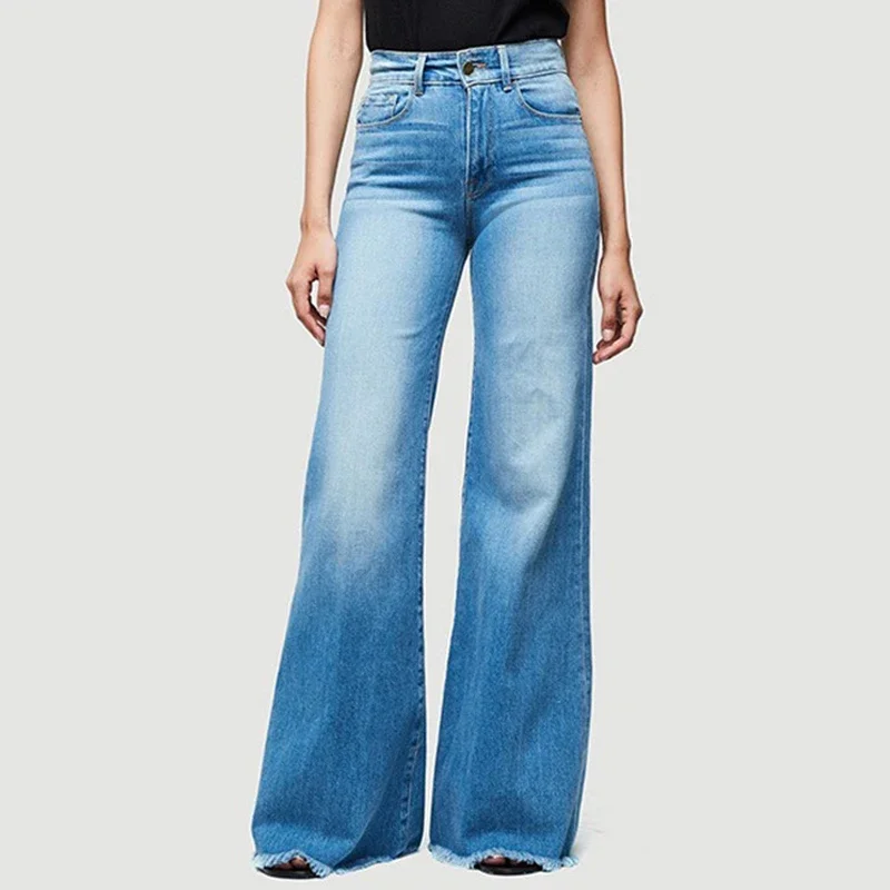 

New Women Denim Jeans Elegant Office-lady Slim Fit Flared Pants Fashion Mid-waist Streetwear Wide Leg Pants Casual Jeans 30200