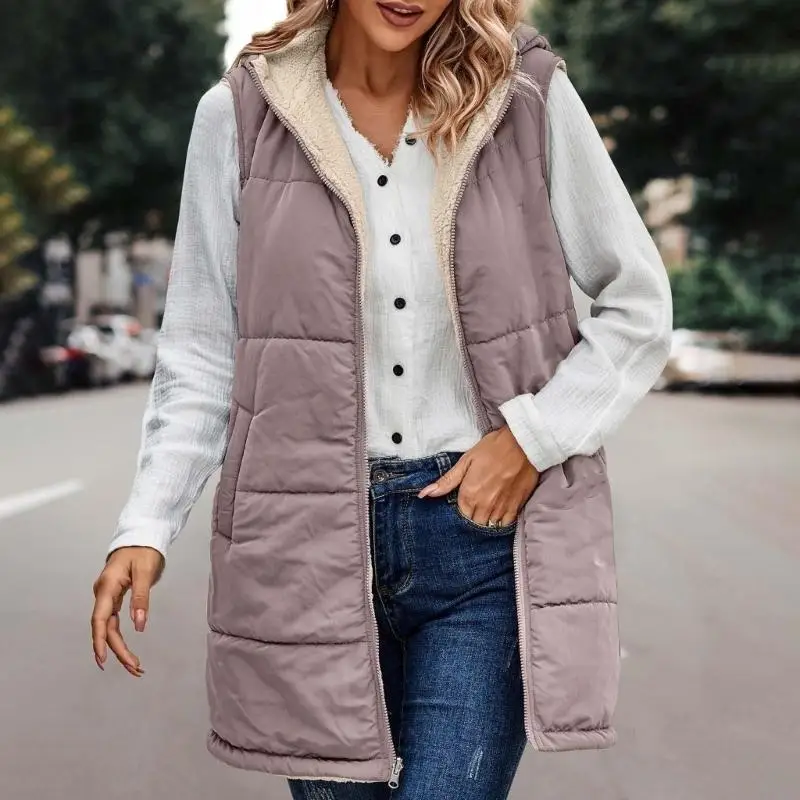 831A Women's Reversible Hooded Vest Sleeveless Fleece Lined Zip Up Long Outerwear