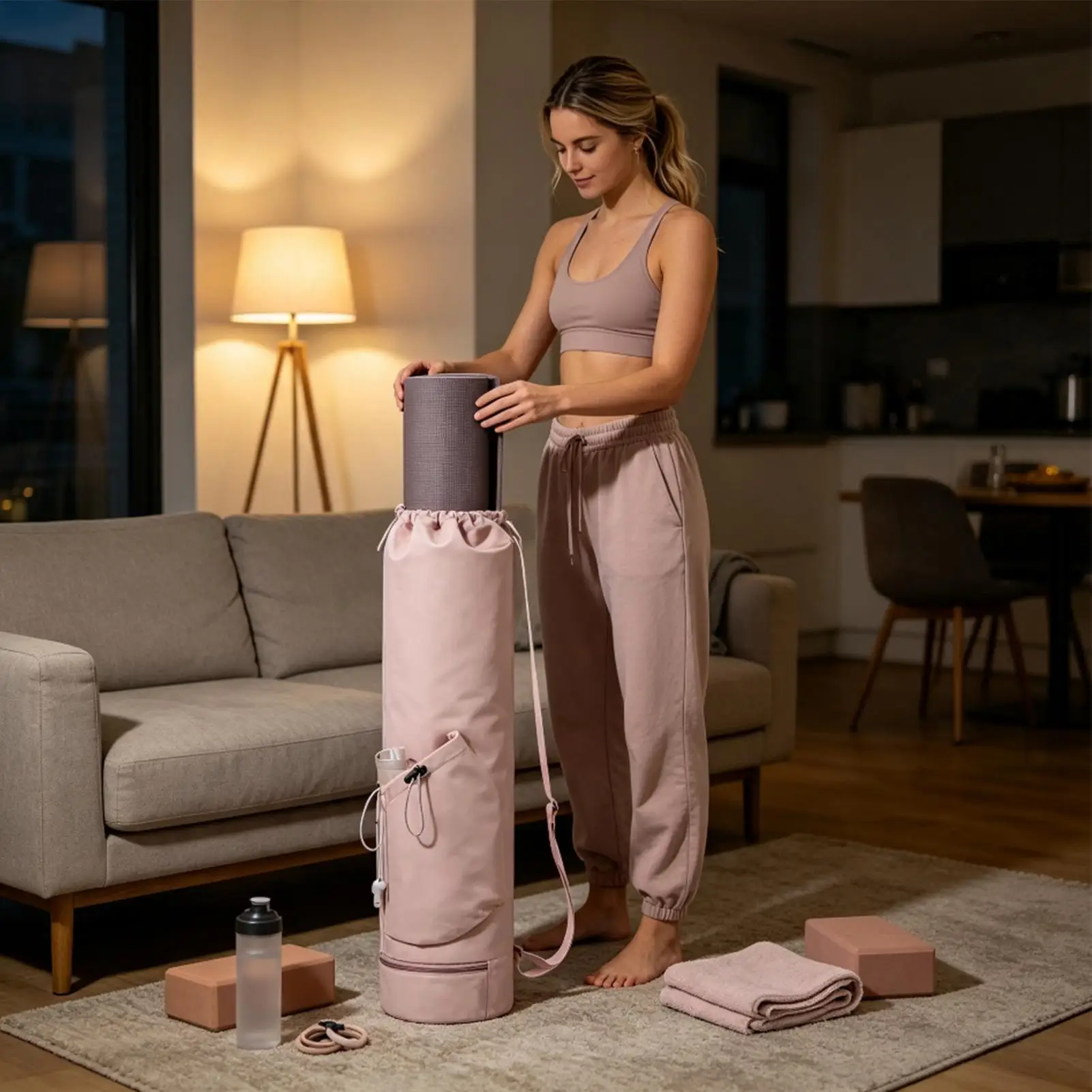Yoga mat storage bag with zippered waterproof compartment Water Bottle Pocket sturdy and lightweight side drawstring cup pocket