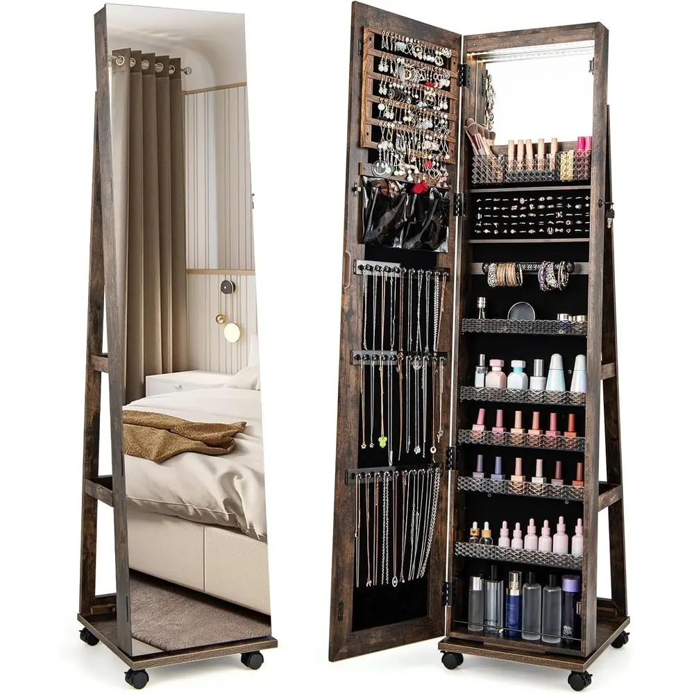 

Lockable Rolling Armoire with 3-Color LED Lights, Full-Length Mirror, Adjustable Shelves, and Inner Mirror for Women's Clothing