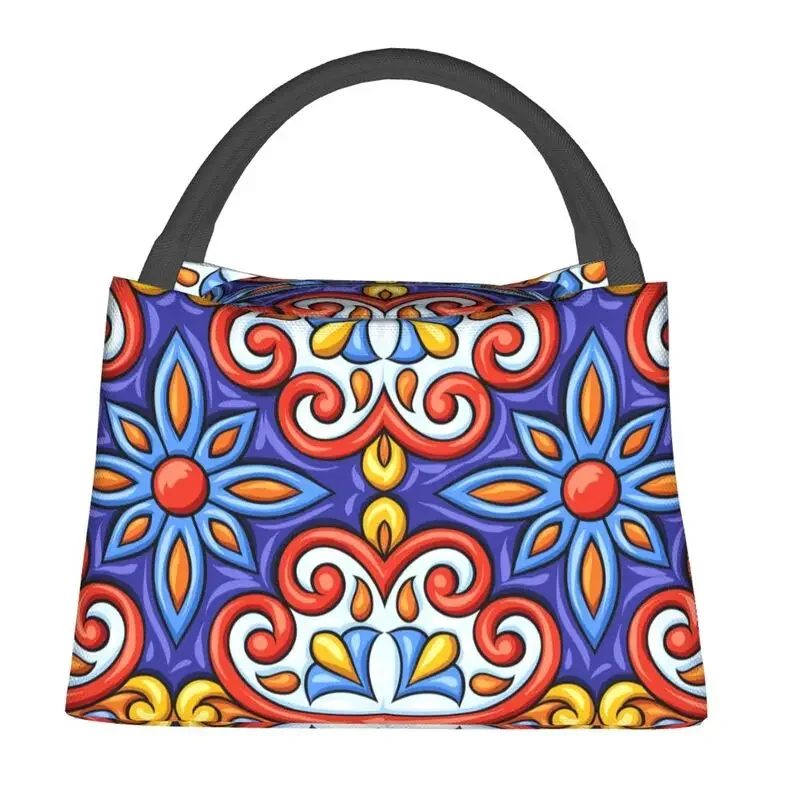 Mexican Flower Insulated Lunch Bags for Women Latino Talavera Ceramic Tile Pattern Portable Cooler Thermal Food  Box