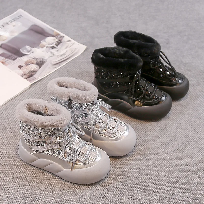 Kids'Snow Boots PU Leather Winter Fashion Outdoor Flat Thick Bottom Shoes For Children Warm Anti-slip Black Silver Size 26-37
