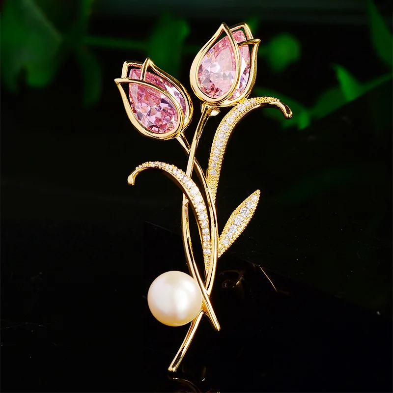 Chinese Style Elegant Tulip Brooch Freshwater Pearl Pink Zircon Lucky Auspicious Gold Tone Pin For Women Blazer Coat Accessory