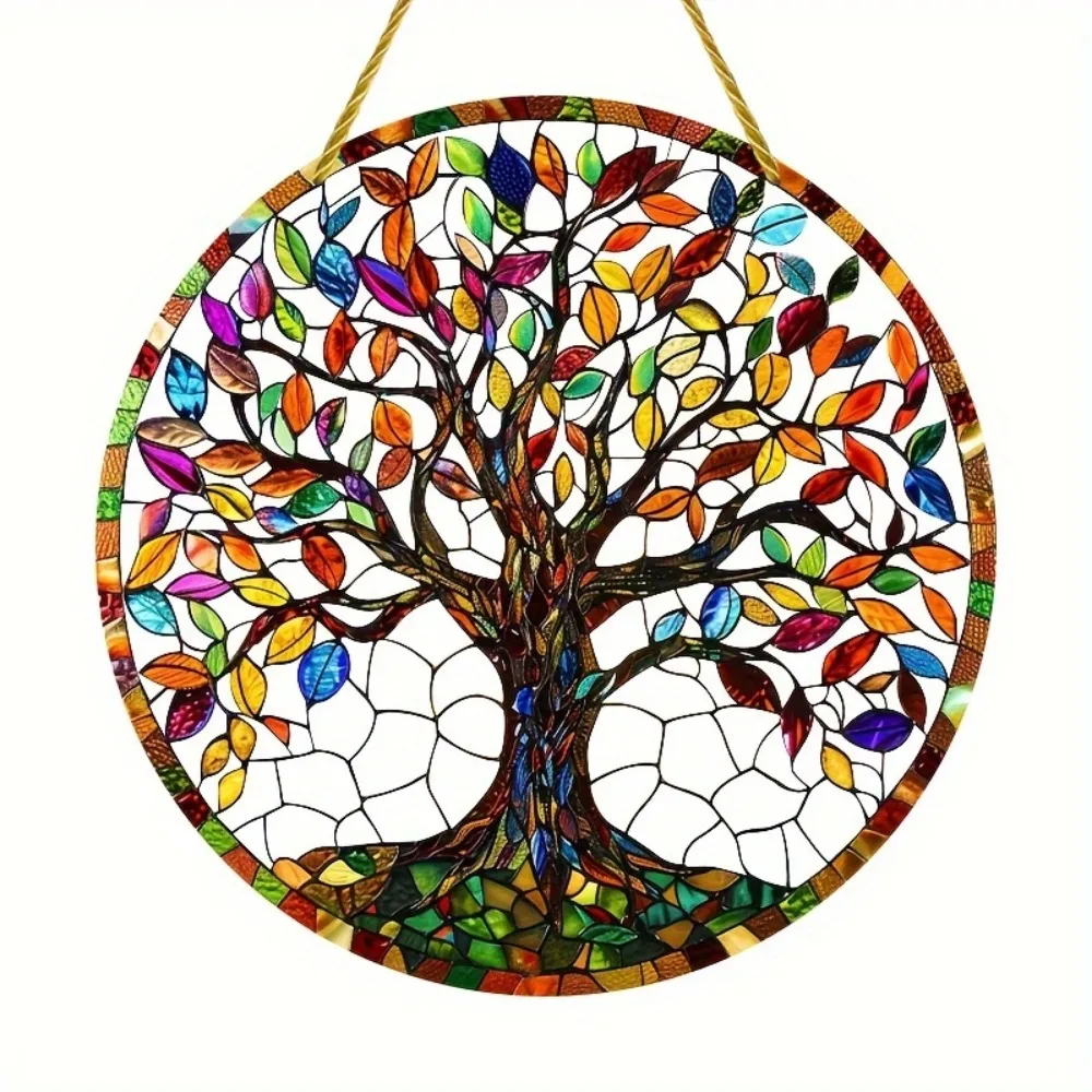 Tree of Life Dream Catcher, Stained Glass Exterior Garden Signs, Window Hanging, Outdoor Glass Art Deco, Whimsical Home Gifts