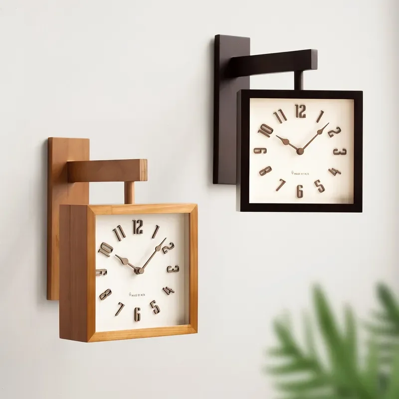 Silent Double-Sided Retro Wall Clock for Living Room Bedroom Study Decor Solid Wood Frame Modern Minimalist Japanese Style