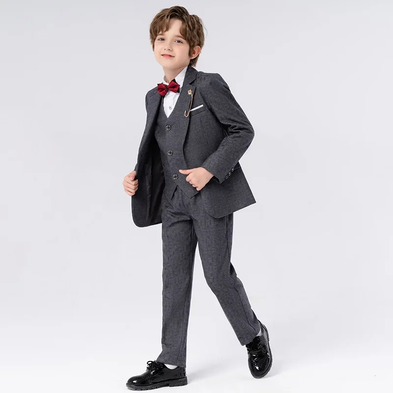 Boys Slim Fit Suits Formal Wear Gent Children Teenagers Groomsman Performance Host Clothes Kids Plaid Blue Grey Party Full Dress