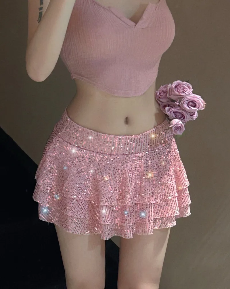 2024 Spring Summer Women Pink Sequin Multi Layered Ruffle Edge Ultra Short Skirt Sexy Spicy Girl Mid Rise Mini Skirts Clubwear