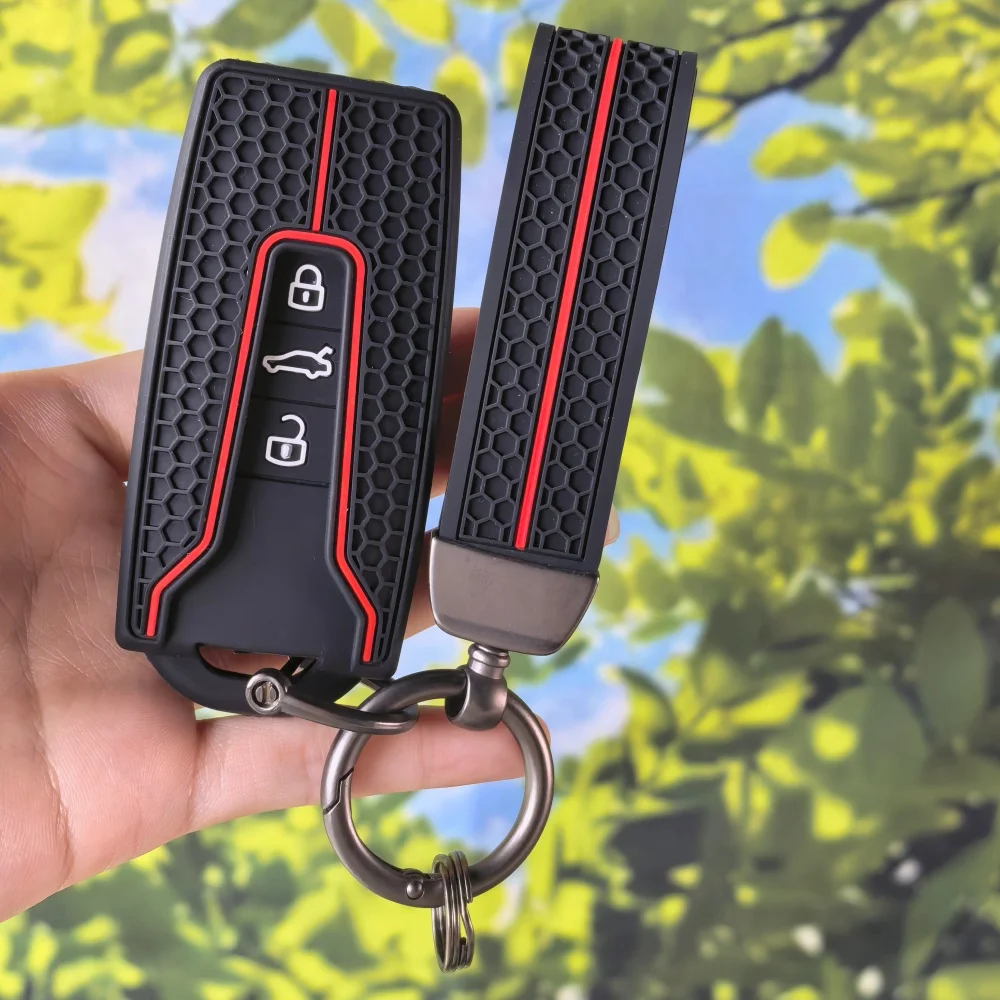 Sport Racing Stripe Key Case With Keychain For Volkswagen Touareg 2018 2019 2020 2021 2022 2023 3 Button Key Shell