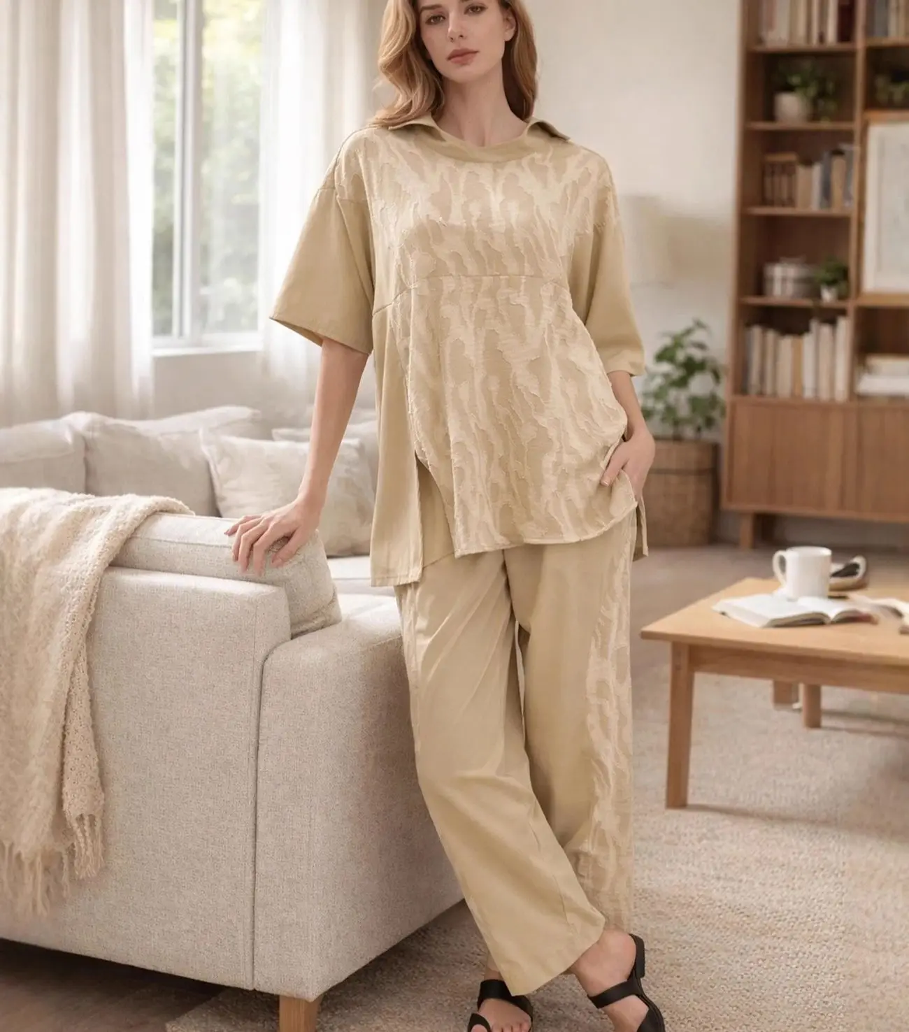 

WXOY Oversized women homewear pajama sets round stand neck loungewear short sleeves Irregular pattern cover hips