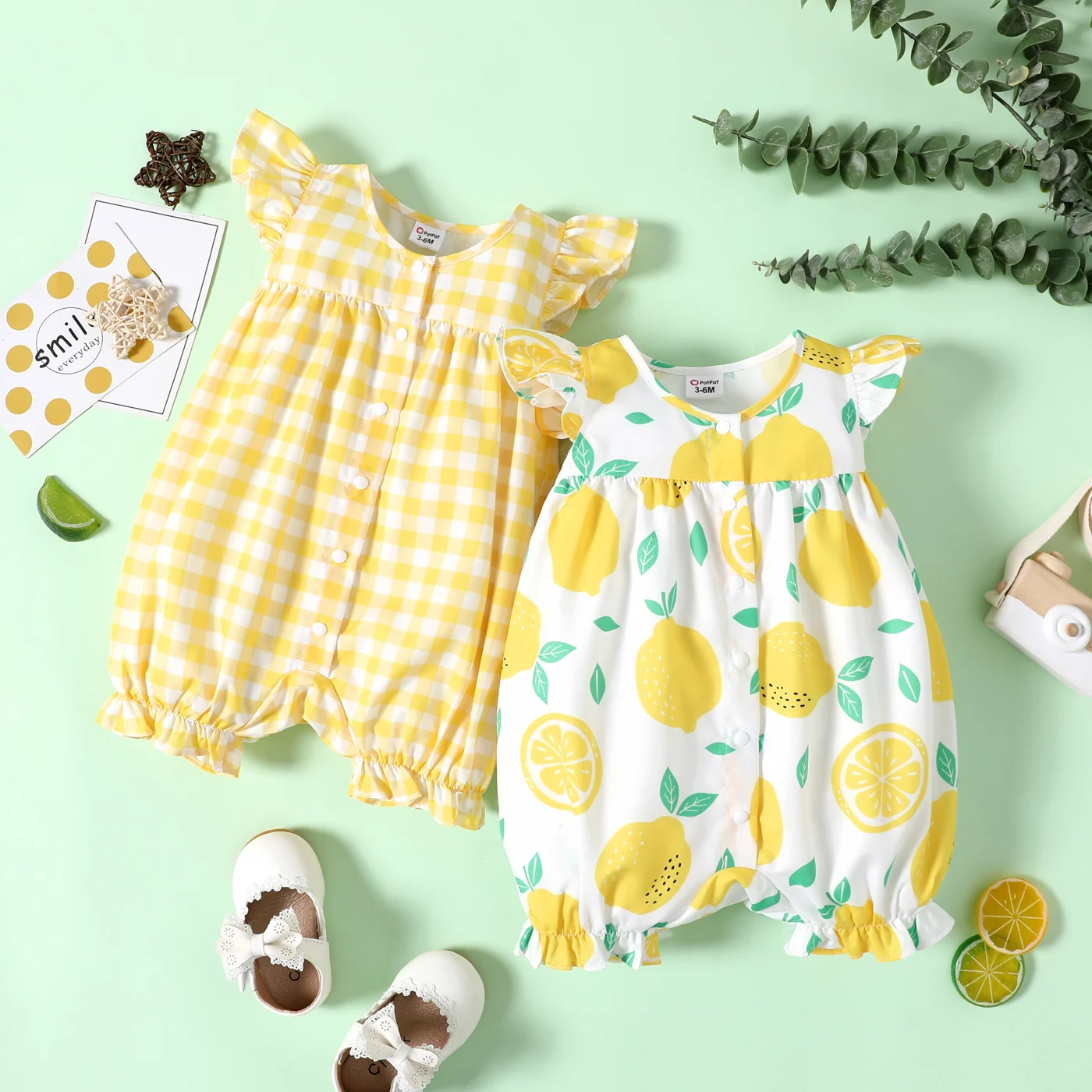 PatPat Baby Girl Allover Yellow Plaid/Lemon Print Flutter-sleeve Snap Romper