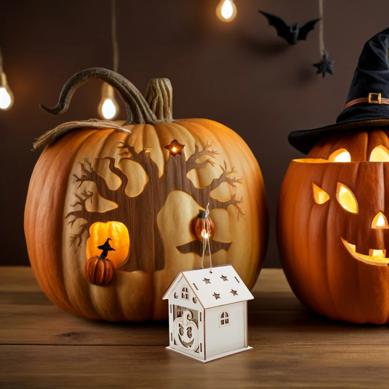 

3Pcs Wood Pumpkin Decor Halloween DIY Wooden Pumpkin House Unfinished Craft Kids Painting Holiday Home Decorations