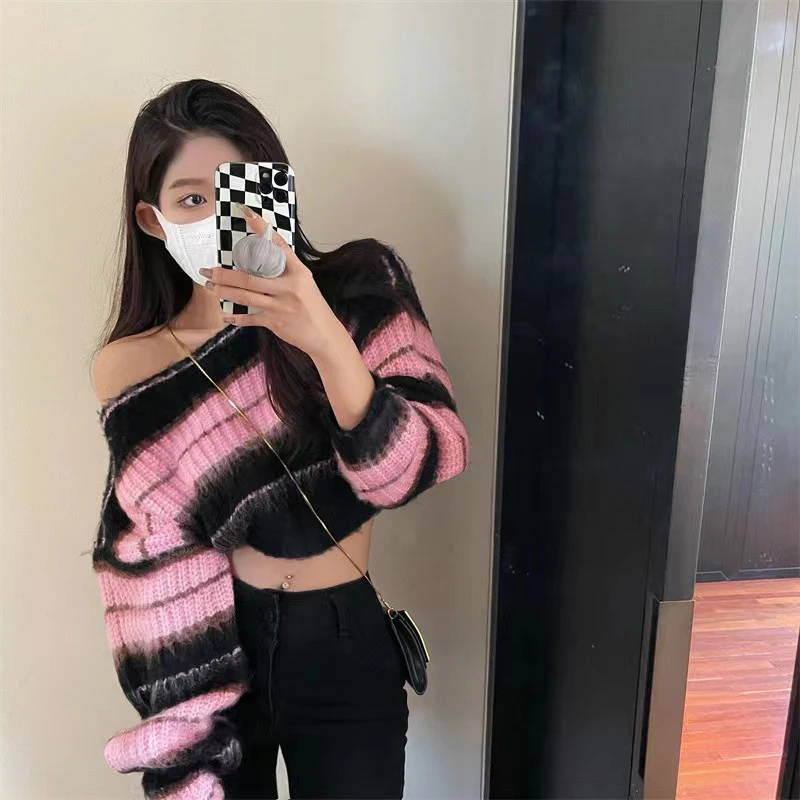 Y2k Women Striped Sweater Loose Fall Pullover Knit Crop Tops Long Sleeve Streetwear Pullover Jumper Sexy Off Shoulder Ladies Top