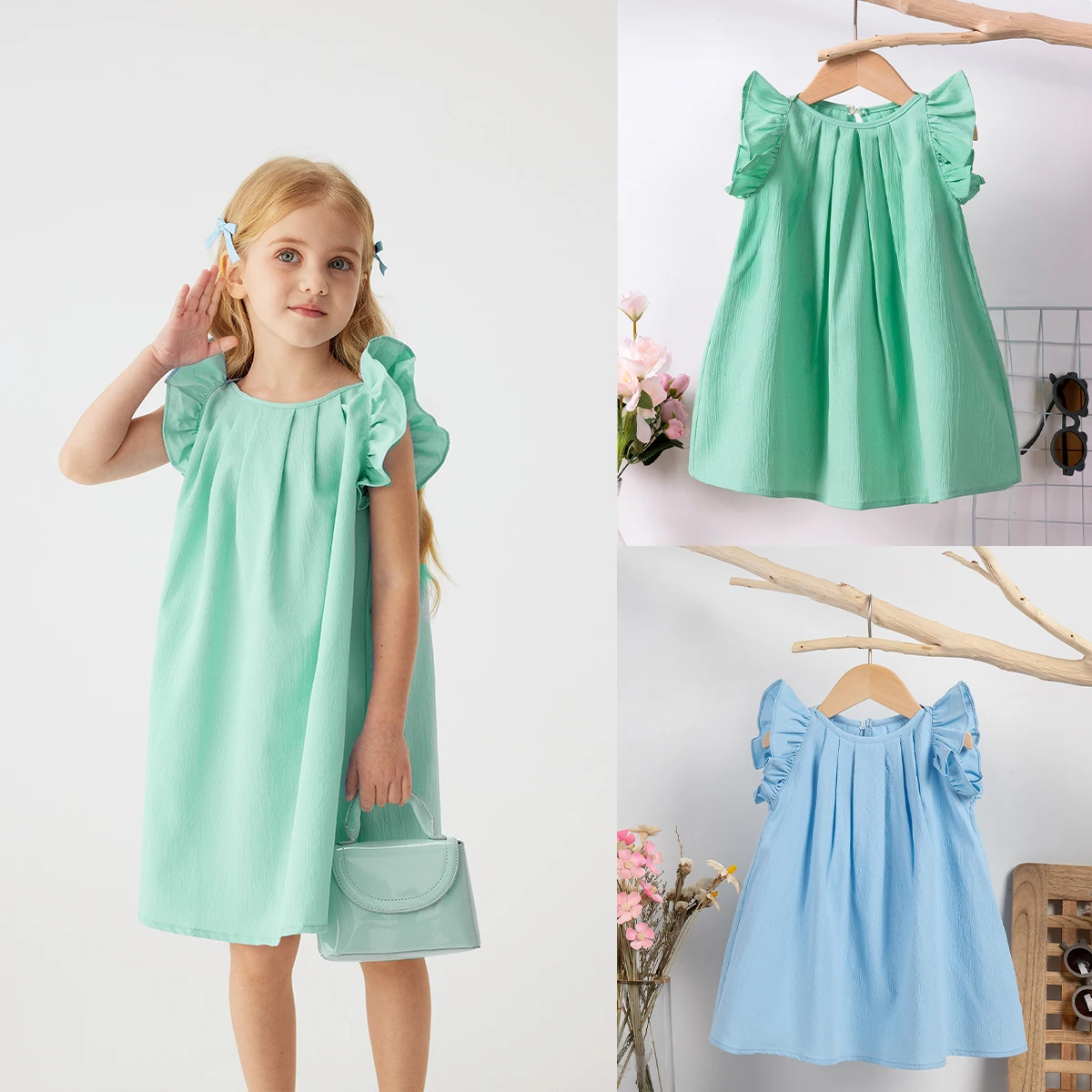 Summer Cute Ruffle Sleeve Baby Girl Dress Solid Color A-Line Princess Dress Toddler Girl Daily Clothing 0-6Y