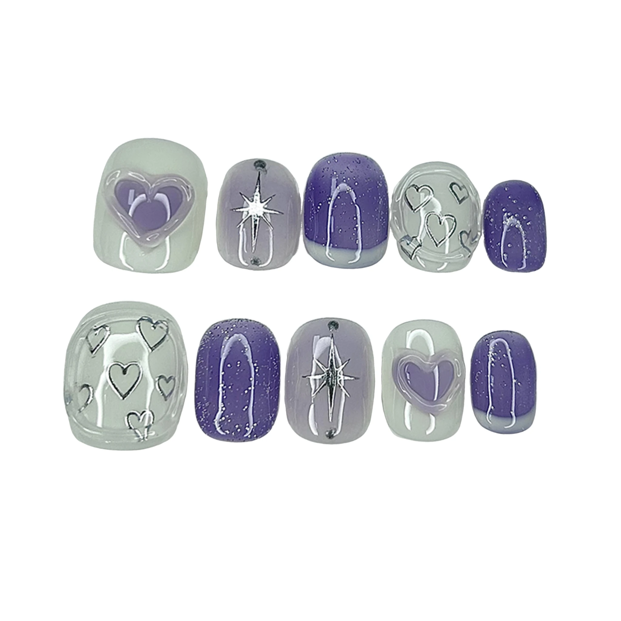 10個の甘くてかわいいプレス爪の手作りの紫色の細かいきらめきのグラフィティハート形状の偽の爪パッチが取り外し可能
