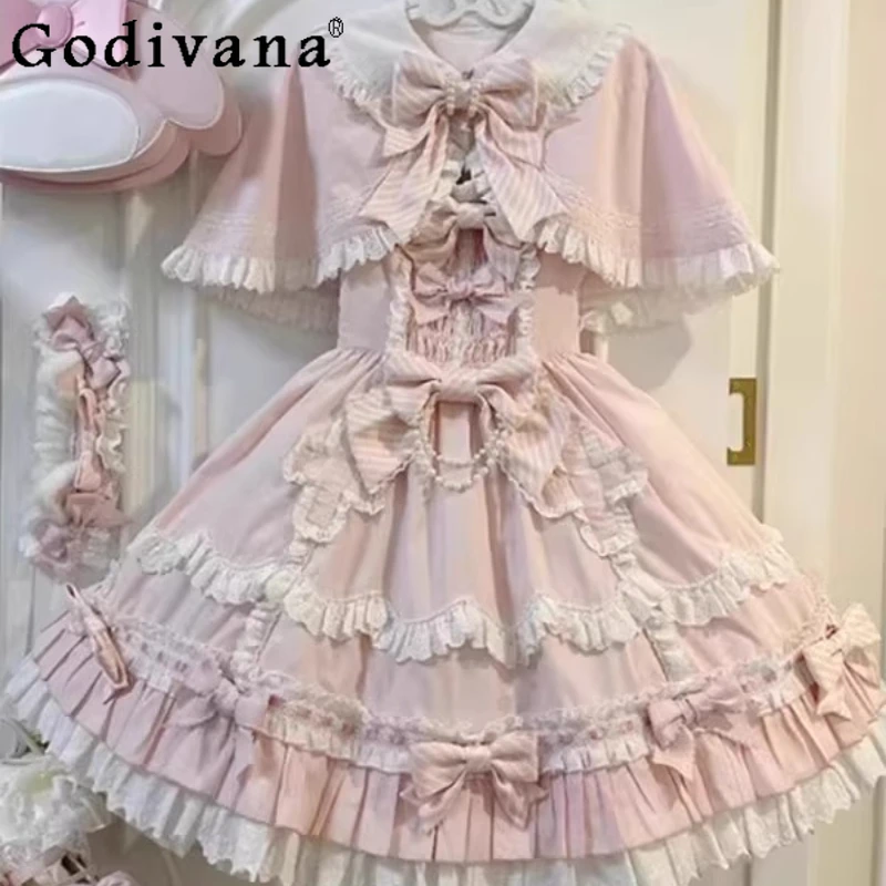 

Pink Cute Gentle Style Lolita Dress for Girls JSK Lolita Sweet Princess Dress Cloak Set Women's Summer Birthday Party Gown Dress