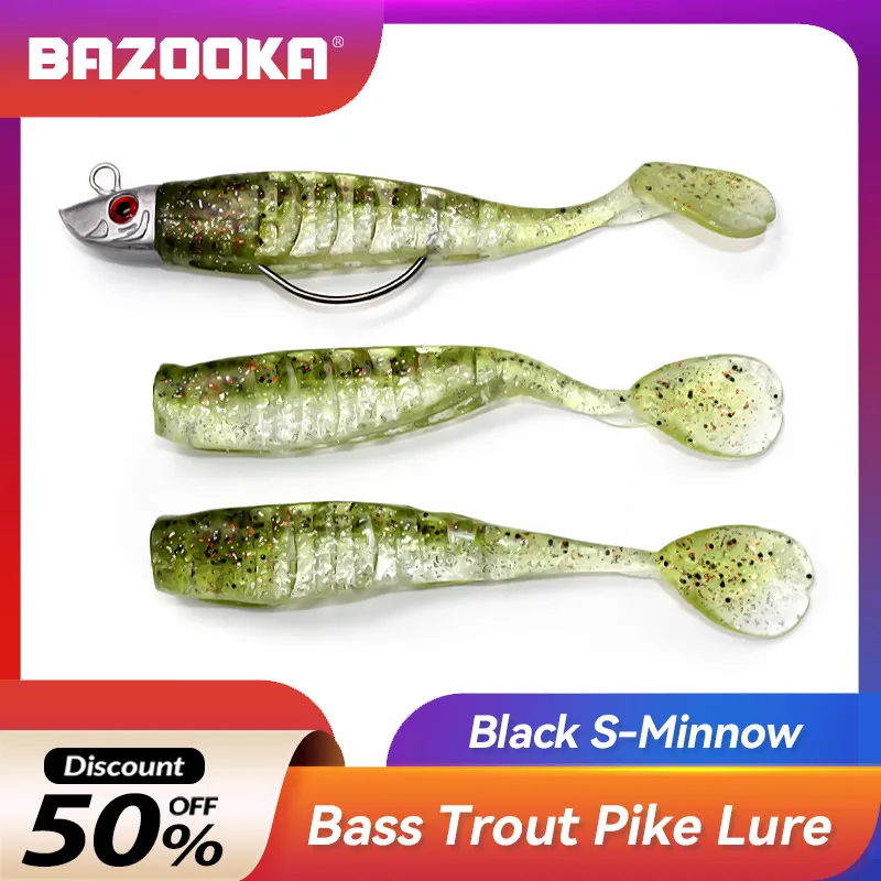 

Bazooka Black Minnow Fishing Lures Jig Lead Head Soft Bait Silicone T Tail Hooks Wobblers Bass Pike Winter Leurre Jighead Trout