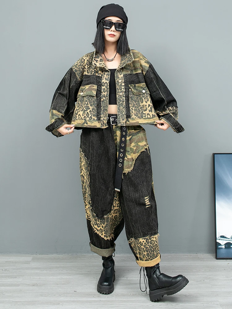 Personalized Leopard Print Patchwork Vintage Denim Long Sleeved Jacket + Harem Pants Two-piece Set Women 2024 Autumn LX1910