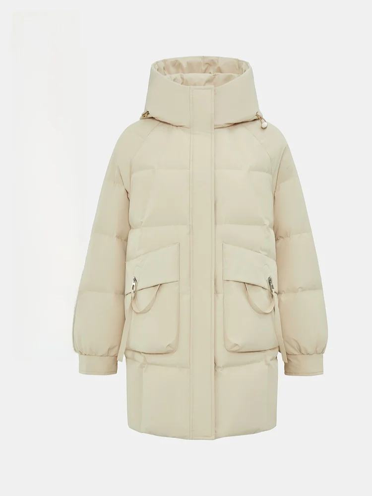 

Новая демисезонная удлиненная теплая пуховая куртка Snow Flng Весна 2026 с капюшоном, цвет хаки, универсальная, комфортная, с наполнителем из пуха, длинная, размер S