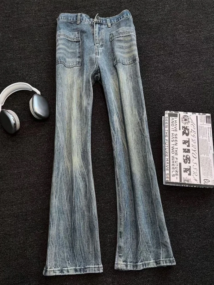 

Мужские джинсы Slim Fit с узором в виде молнии, слегка расклешенные, прямого кроя, рабочие брюки в американском уличном стиле, молодежная мода