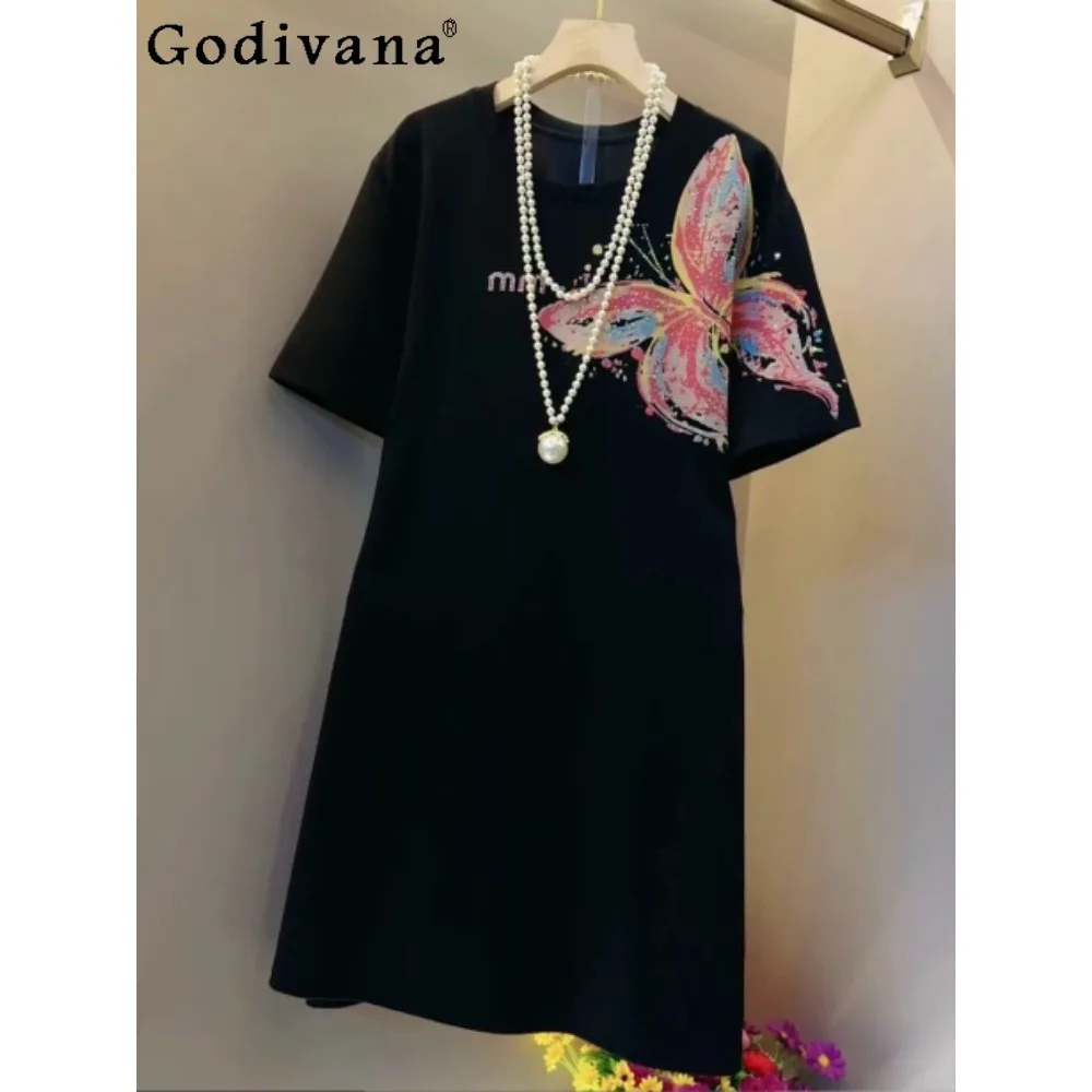 Large Size Women 2026 Summer New Short Sleeve Crew Neck Dress Elegant Loose Versatile Black Print Simple A-line Leisure Dresses