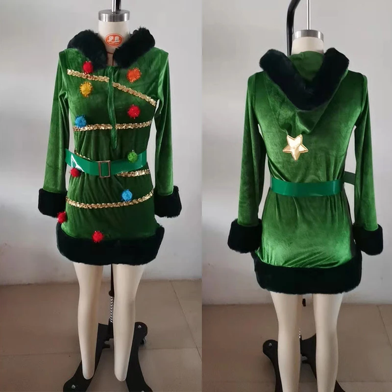 Vestido de árvore de natal, festa de feriado, fantasia de performance de máscaras, chapéu + cinto, vestido de manga comprida, fantasia de cosplay de férias