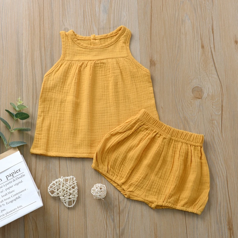 Infant Toddler Unisex Clothes Set Sleeveless Tank Top and Shorts Outfit Cotton Linen Summer Clothing Set for Baby Boys Girls