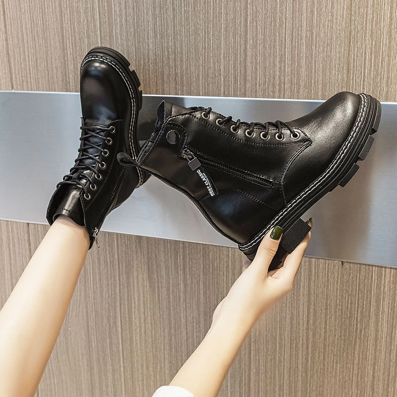 Women Genuine Leather Ankle Boots 2025 Autumn Fleece Lined Thick Sole Hidden Wedge Double Side Zipper Slim Casual Student Shoes