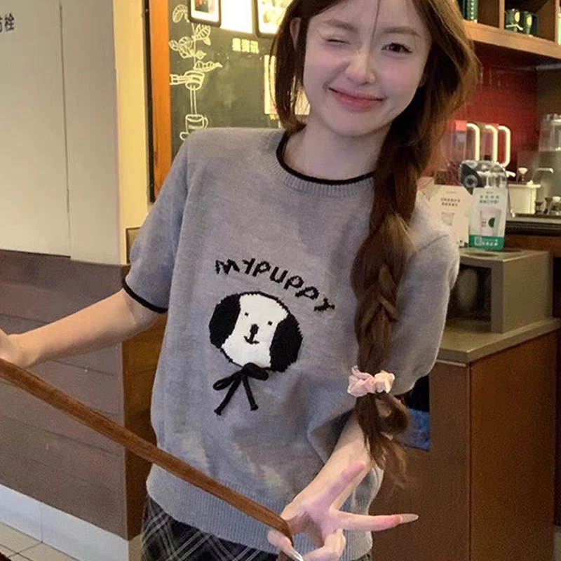 

Summer Fashion Casual Loose Cute Cartoon Round Neck Knitted T-Shirt For Women