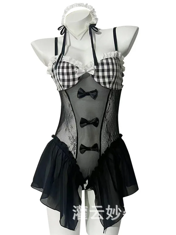 Sukienka świąteczna Elegancka seksowna siatkowa koronkowa przezroczysta kokardka Przezroczysta nowa pokojówka Seksowna śliczna sukienka Cosplay Słodkie kobiety 2023 Nowość O5Q8