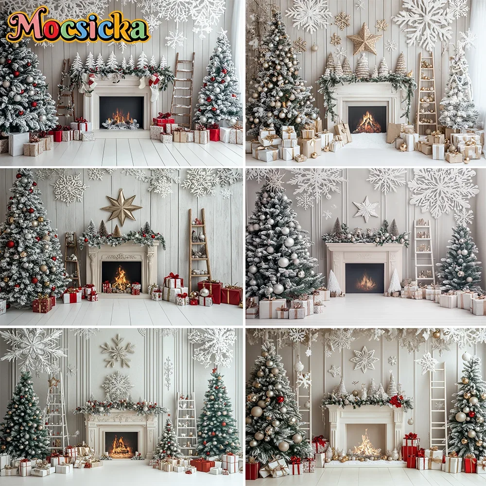 Christmas Fireplace Background Gold Xmas Star Decor Pine Tree Gift White Backdrop Kids Birthday Photo Wooden Room Booth