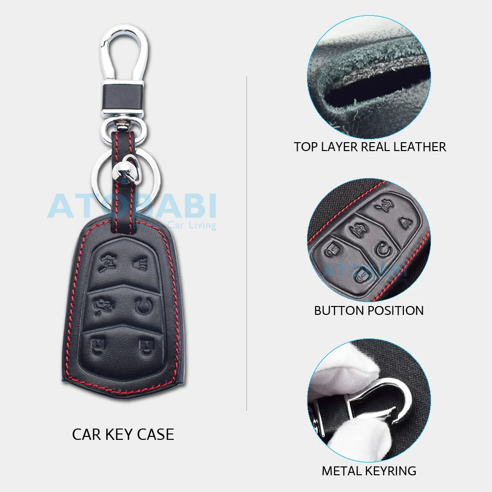 ATOBABI Leather Car Key Case Keychain For Cadillac Escalade IV 2016 2017 2018 2019 2020 6 Buttons Smart Keyless Remote Fob Cover