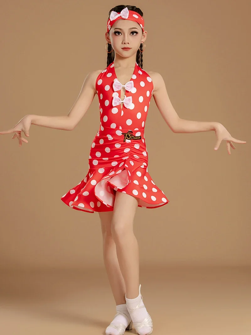 Latin Dance Dress Girls Kids Summer New Wave Point Halter Backless Competition Dancewear Retro Training Performance Costume