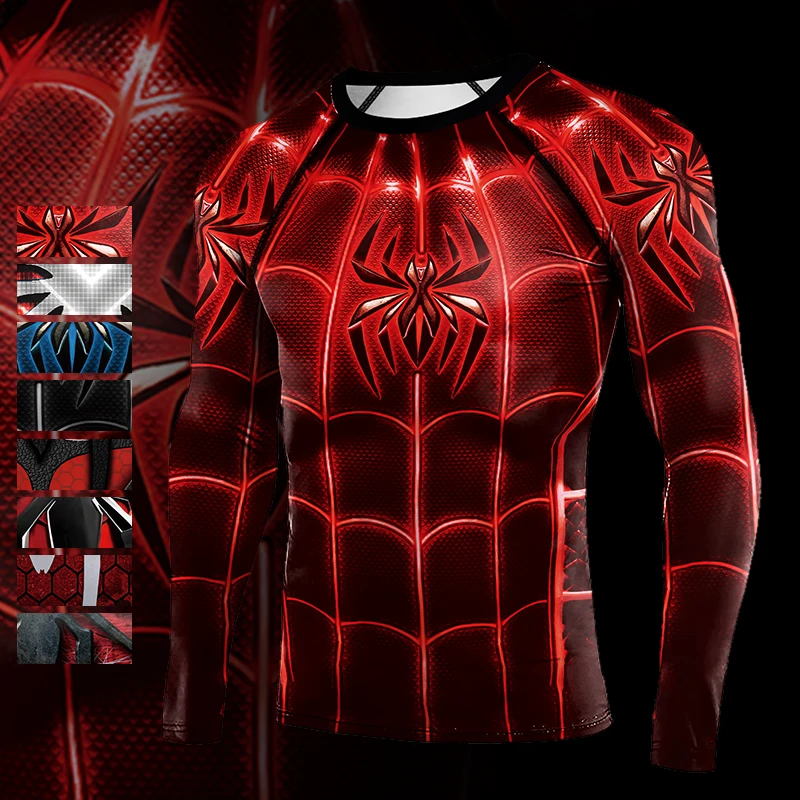 Mens Compression T-Shirt Long Sleeve Tight Fitness Gym Sports Spider Printed Running Shirts Super Hero Jerseys Cosplay Top