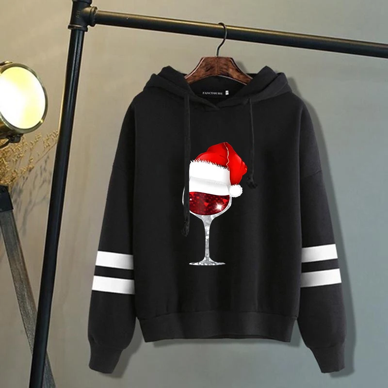 New Christmas Red Wine Glass Print Hoodies Women Spring Autumn Fashion Pullovers Ladies Solid Color Hooded Full Sleeve Sweatshir