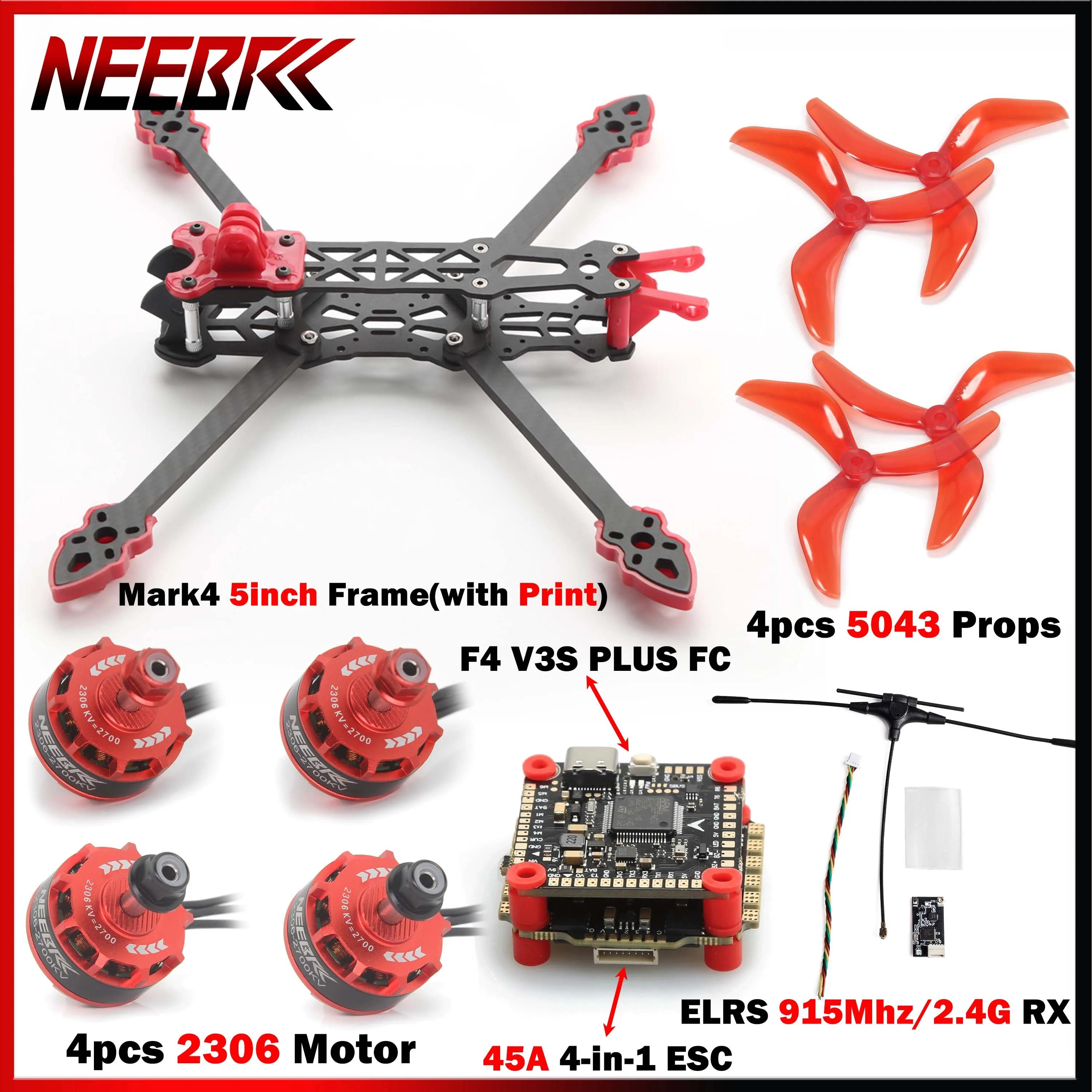 

Mark4 5inch Frame 2306 Motor FC F4V3S PLUS 45A ESC Stack 915Mhz/2.4G ELRS 5043 Prop Print Part Kit for RC FPV Drone Racing DIY