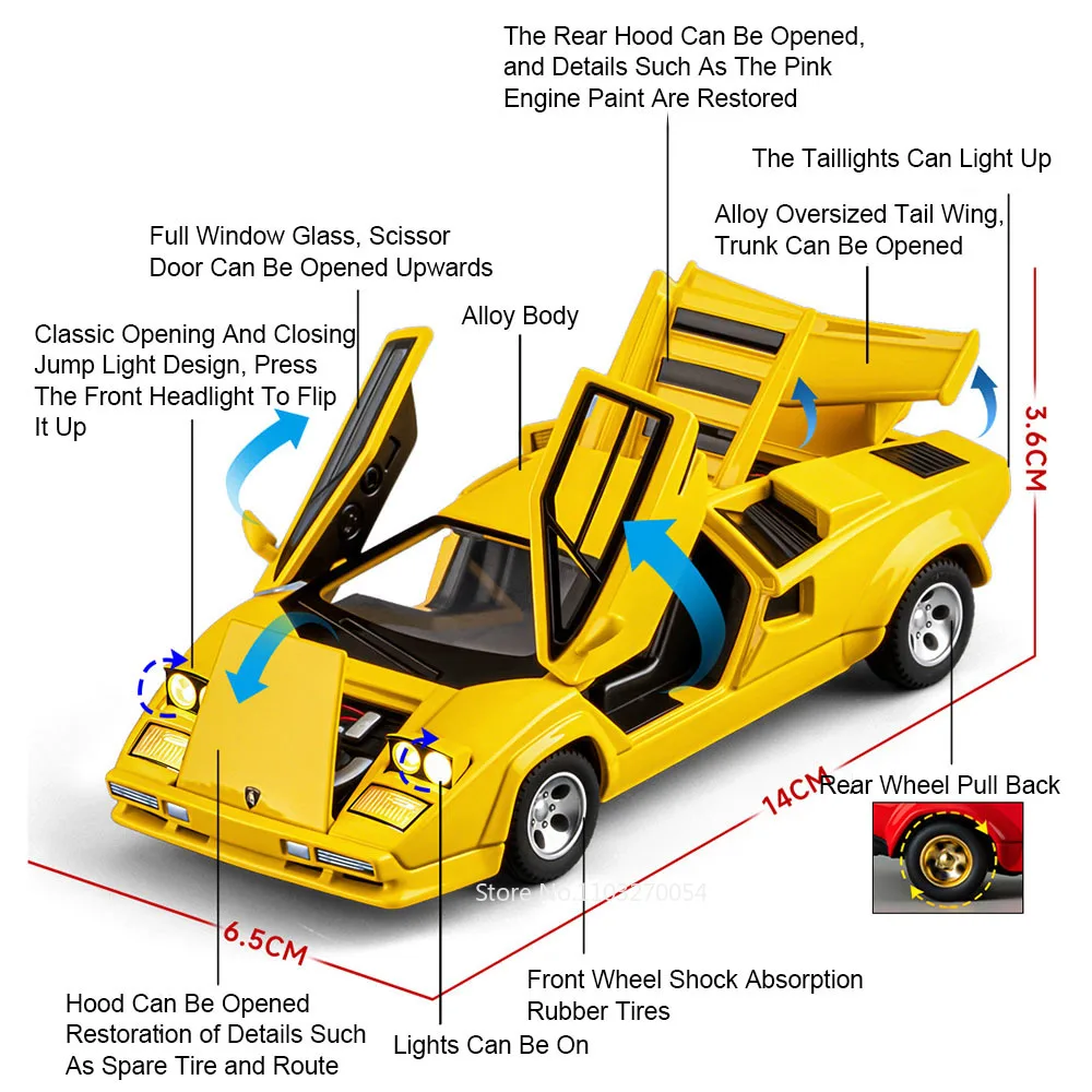 1:32 Lambor Countach LP500S V12 Miniatur-Spielzeug, Druckguss-Legierung, Modellauto, Türen, geöffnet, Sound, Licht, zurückziehbares Fahrzeug, beliebtes Ornament