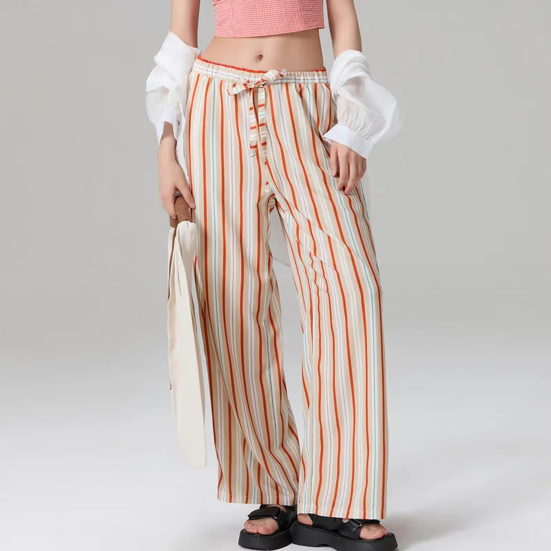 

WPNAKS Women Wide Leg Pants Autumn Clothes Casual Vertical Stripe Print Elastic High Waist Loose Trousers Work Office Streetwear