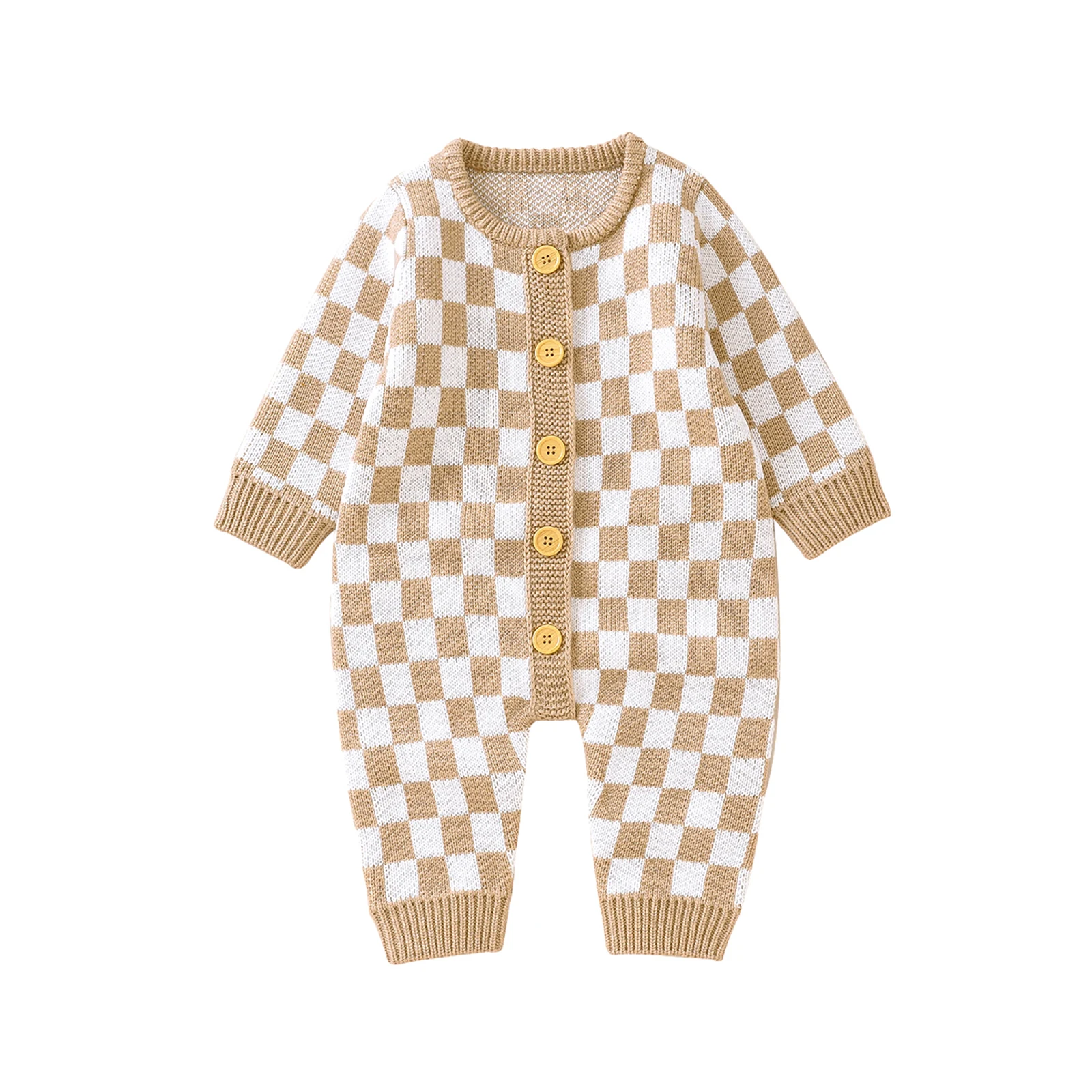 

Baby Girl Boy Knitted Jumpsuit Checkerboard Round Neck Long Sleeve Button Up Rompers for Toddlers