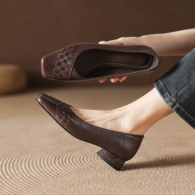 

2026 new spring summer women pumps natural leather 22-25cm weave soft sheepskin square toe round heel women shoes fashion