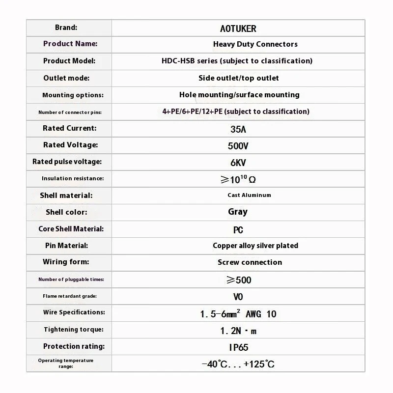 Heavy-duty Connector HDC-HSB-004/006-1 High-current 35A Aviation Plug and Socket Hot Runner 4/6-Pin Industrial Plug