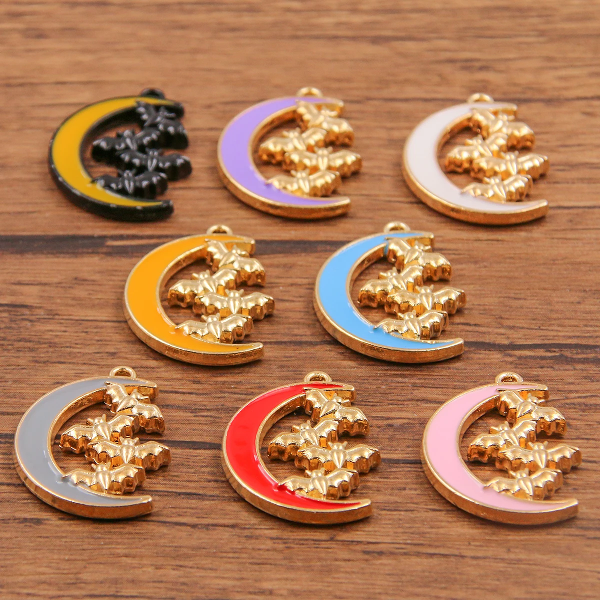 10Pcs 8 Color 18x24MM Alloy Metal KC Gold Drop Oil Moon Charm Animal Bat Halloween Pendant For DIY Bracelet  Jewelry Making