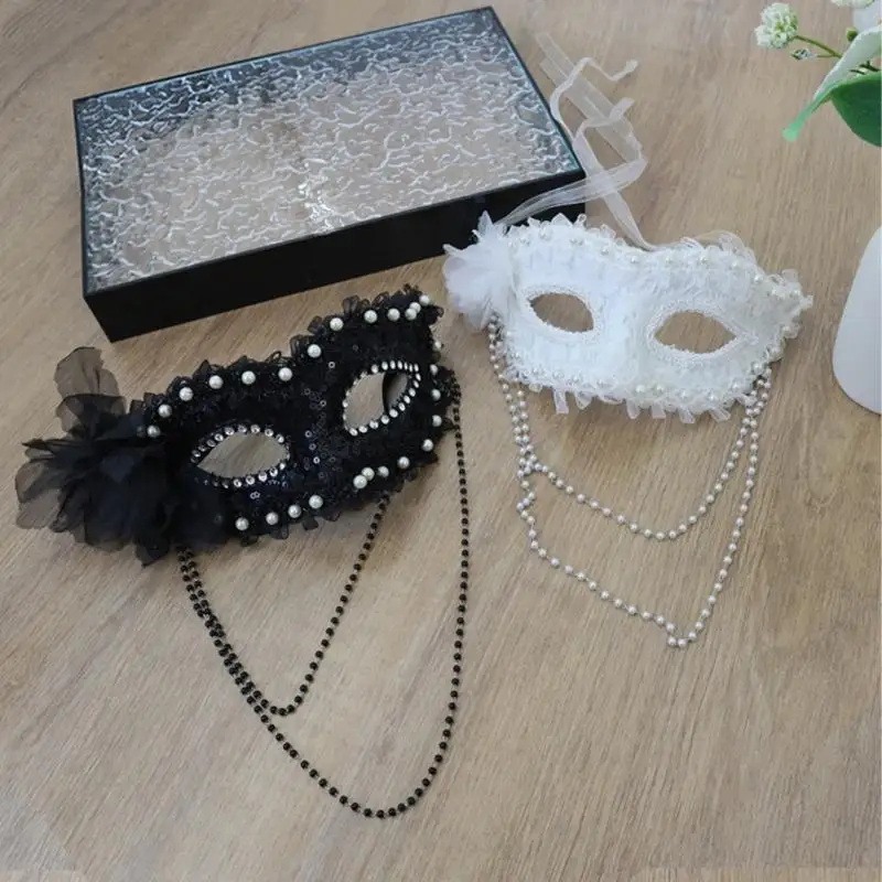 قناع نصف وجه قابل للتعديل مع ديكورات من اللؤلؤ الصناعي، ملحق زي الهالوين البلاستيكي للبالغين والأطفال 6XDA