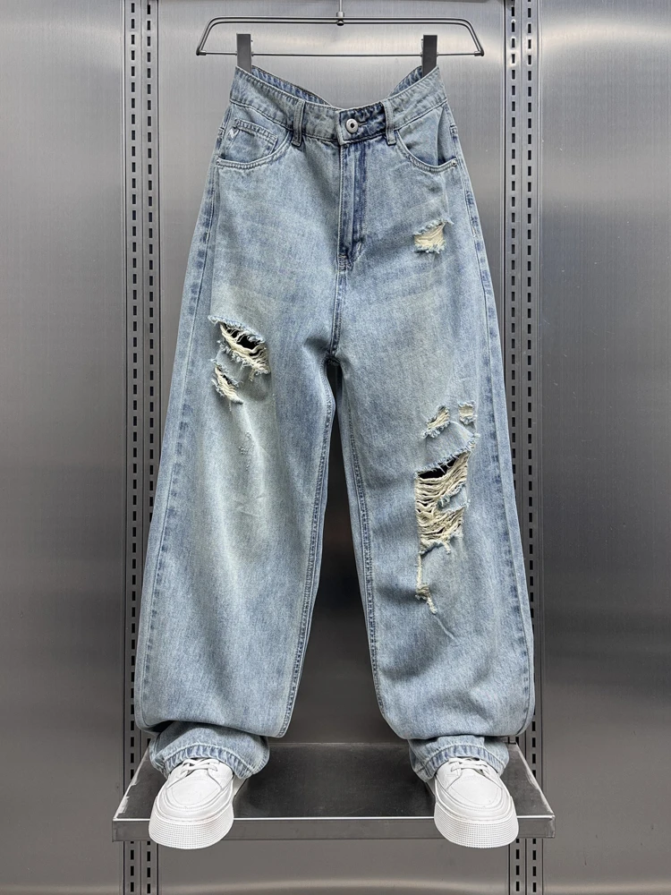

American Retro Hole Denim Pants Summer New Sle Straight Leg Cool Drag Floor Pants Wear Resistant Loose Fit Jeans