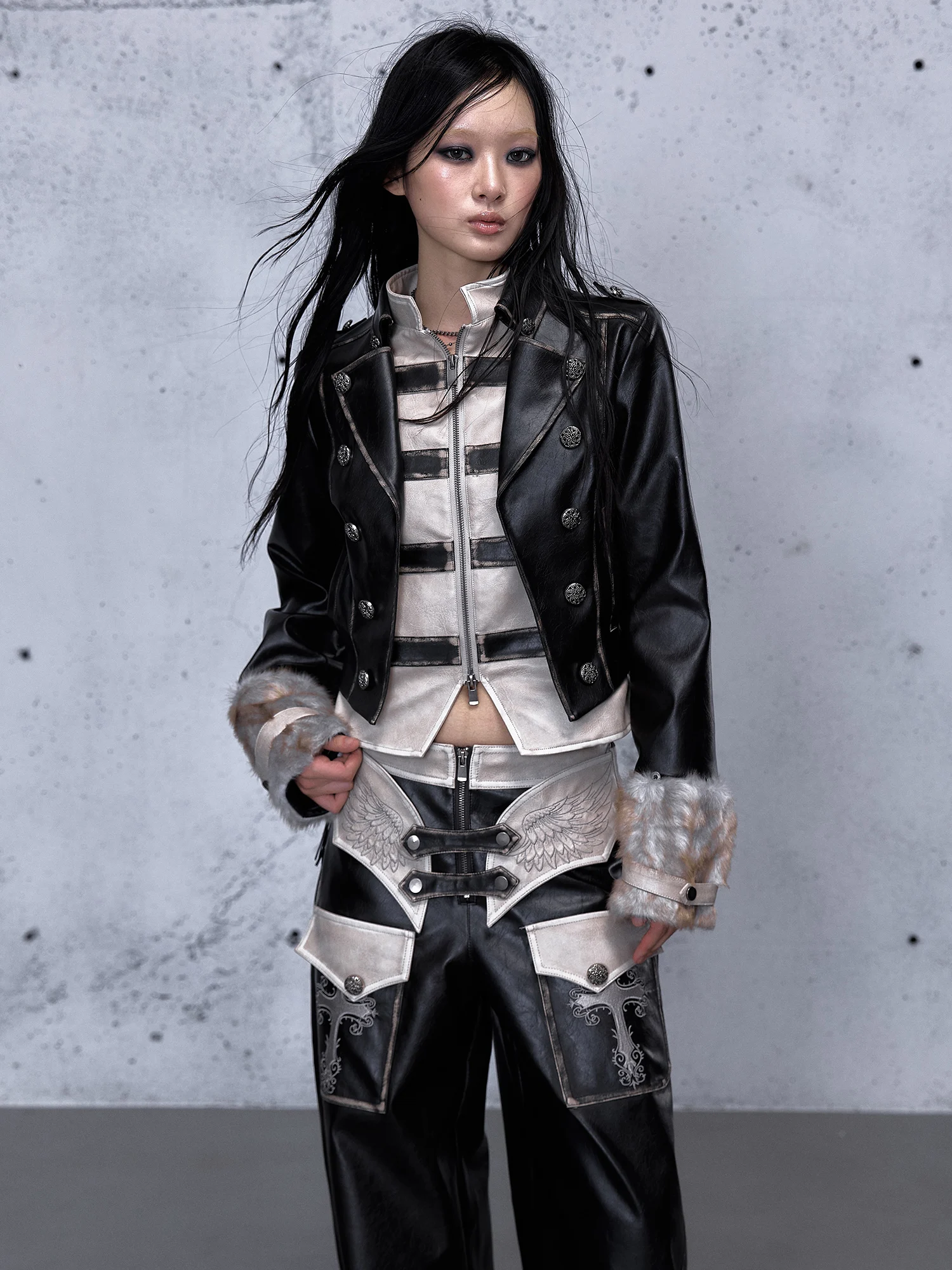 Street Sle Punk Knight Color Blo ort Leather Jaet Worn out Faux Two-Piece Biker Coat Youth Fem Zipper Sve Long