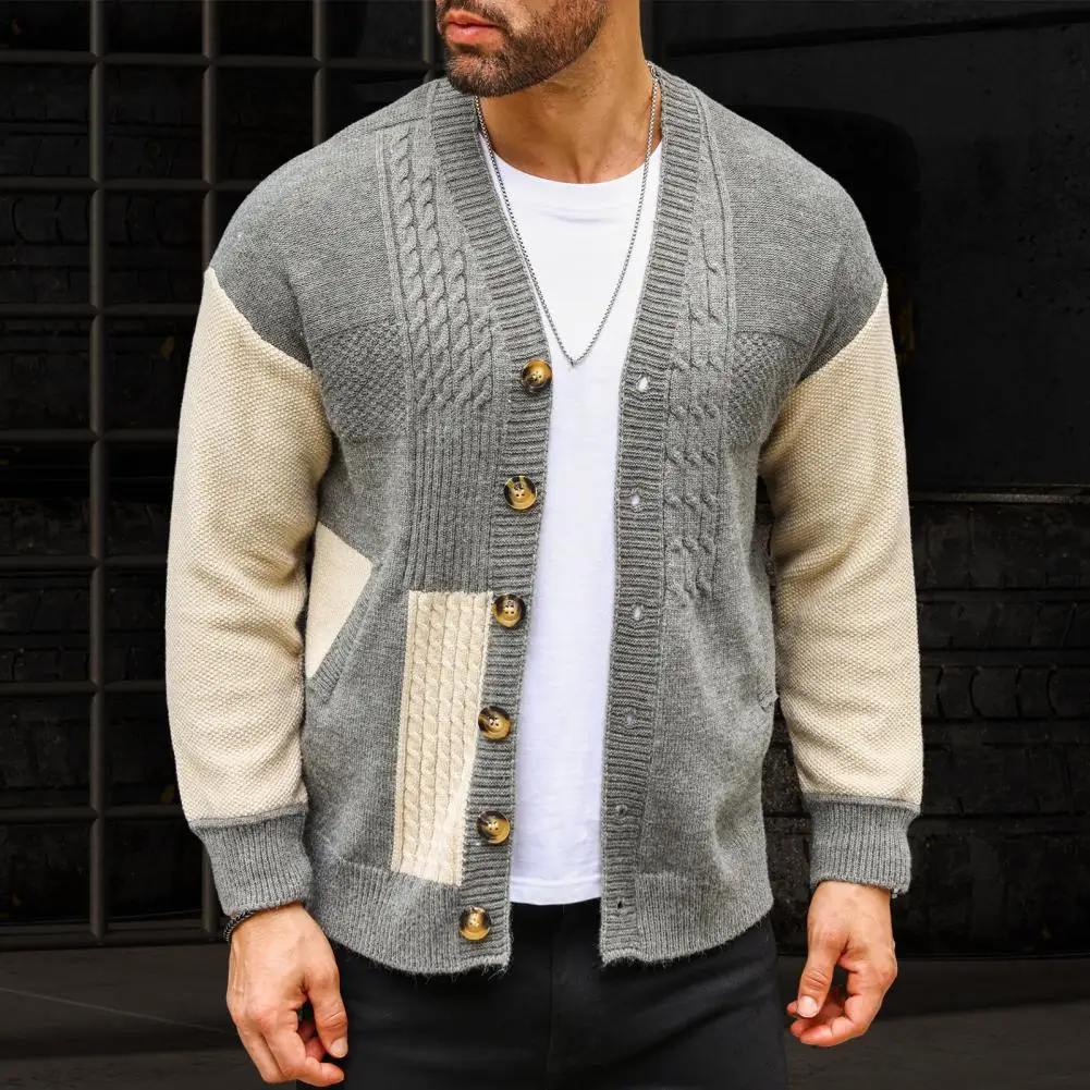 Men Color-blocked Cardigan Jacket Men\'s Colorblock Knitted Sweater Coat with Pockets V Neck Single-breasted Thick for Fall