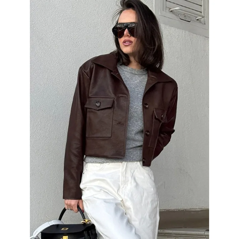 

New Women's Turn Down Collar Single Breasted Leather Jacket Retro Motorcycle Jacket For Female High Street Slim Fit Lady Coat